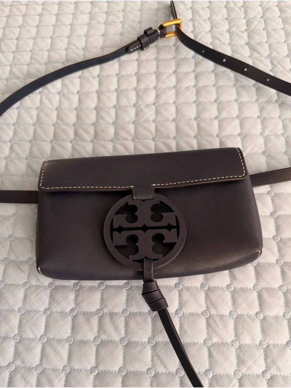 Tory Burch Navy Blue Leather Belt/Crossbody Bag with Logo Medallion